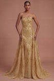 A Line Strapless Golden Sparkly Sequined Long Prom Dress