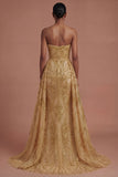 A Line Strapless Golden Sparkly Sequined Long Prom Dress