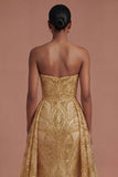 A Line Strapless Golden Sparkly Sequined Long Prom Dress