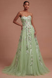 Floral A Line Green Sweetheart Long Prom Dress