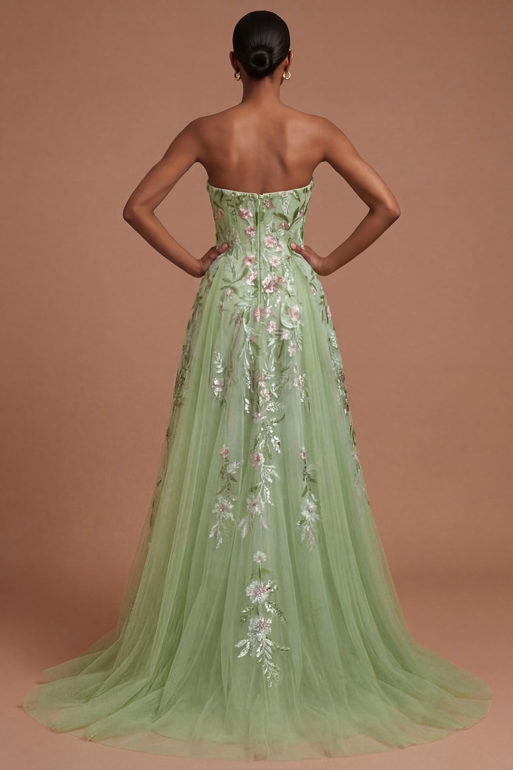 Leely Women Floral A Line Green Sweetheart Long Prom Dress Appliqued