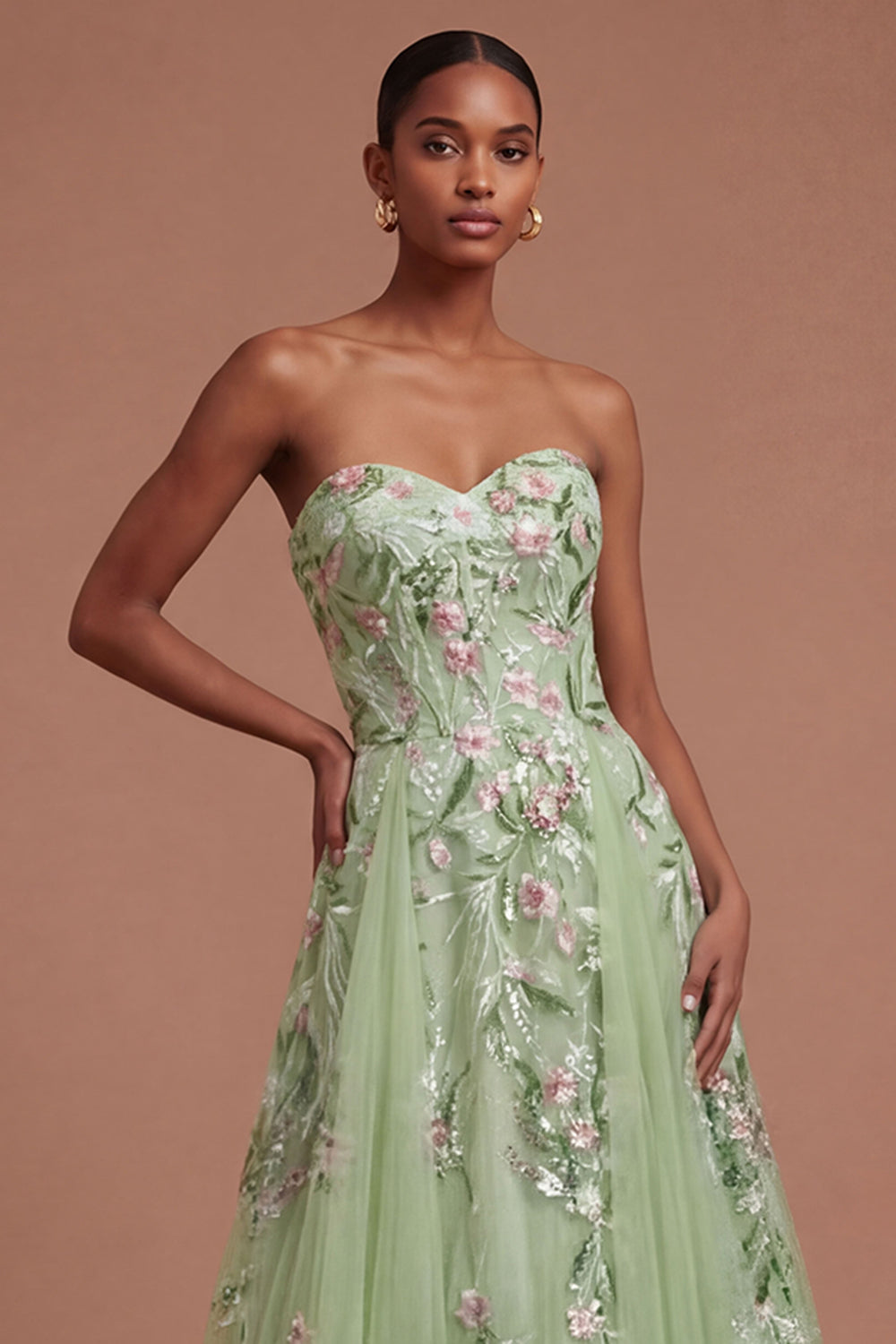 Leely Women Floral A Line Green Sweetheart Long Prom Dress Appliqued