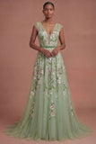 A Line V Neck Floral Appliqued Long Prom Dress
