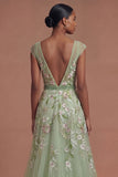 A Line V Neck Floral Appliqued Long Prom Dress
