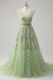 A Line V Neck Floral Appliqued Long Prom Dress