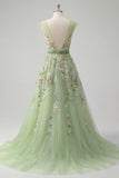 A Line V Neck Floral Appliqued Long Prom Dress