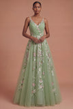 Floral Green A Line Spaghetti Straps Long Prom Dress