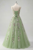 Floral Green A Line Spaghetti Straps Long Prom Dress
