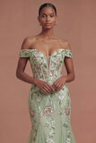 Corset Off the Shoulder Green Floral Long Prom Dress