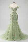 Corset Off the Shoulder Green Floral Long Prom Dress
