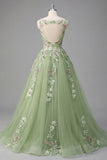 Green Appliqued Floral A Line Round Neck Long Prom Dress