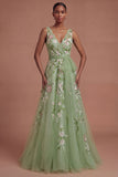 A Line V Neck Floral Appliqued Green Long Prom Dress