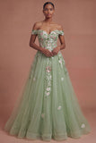 Corset Off the Shoulder Floral Green Long Prom Dress