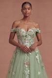 Corset Off the Shoulder Floral Green Long Prom Dress
