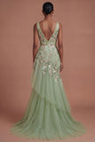 Mermaid Ruffled V Neck Floral Long Green Prom Dress
