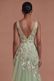 Mermaid Ruffled V Neck Floral Long Green Prom Dress