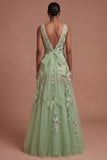 A Line Green Floral Square Neck Long Prom Dress