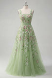 A Line Green Floral Square Neck Long Prom Dress