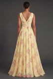 Yellow Floral V Neck Sleeveless Long Beach Wedding Guest Dress with Slit