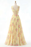 Yellow Floral V Neck Sleeveless Long Beach Wedding Guest Dress with Slit