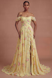 Ruffled Yellow Off the Shoulder Long Prom Dress with Slit
