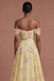 Ruffled Yellow Off the Shoulder Long Prom Dress with Slit