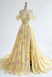 Ruffled Yellow Off the Shoulder Long Prom Dress with Slit