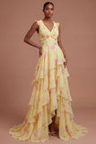 Yellow Floral Ruffled Tiered Long Prom Dress with Slit