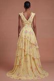 Yellow Floral Ruffled Tiered Long Prom Dress with Slit