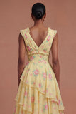 Yellow Floral Ruffled Tiered Long Prom Dress with Slit