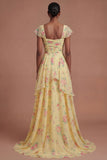 V Neck Yellow Floral Ruffled Tiered Long Prom Dress with Slit
