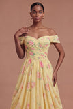 Yellow Off the Shoulder Ruched Floral Long Prom Dress