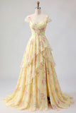 V Neck Yellow Floral Ruffled Tiered Long Prom Dress with Slit