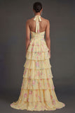 Yellow Halter Neck Tiered Floral Long Beach Wedding Guest Dress