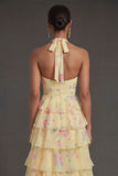 Yellow Halter Neck Tiered Floral Long Beach Wedding Guest Dress