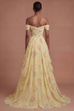 Yellow Off the Shoulder Ruched Floral Long Prom Dress