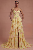 Corset Ruffled Yellow Floral Spaghetti Straps Long Prom Dress