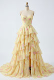 Corset Ruffled Yellow Floral Spaghetti Straps Long Prom Dress