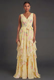 Ruffled Yellow V Neck Floral Long Beach Wedding Guest Dress