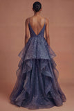 Sparkly Dusty Blue A Line Ruffled Long Prom Dress