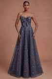 Dusty Blue Strapless A Line Long Prom Dress with Bow