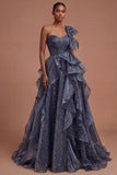 Dusty Blue Ruffled One Shoulder Long Prom Dress with Bow