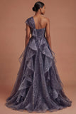 Dusty Blue Ruffled One Shoulder Long Prom Dress with Bow