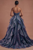Dusty Blue Strapless Ruched Long Prom Dress
