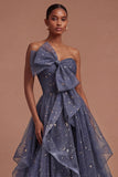 Dusty Blue Strapless Ruffled Backless Long Prom Dress with Bow