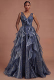 Dusty Blue Ruffled Backless Long Prom Dress