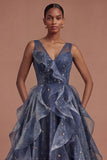 Dusty Blue Ruffled Backless Long Prom Dress