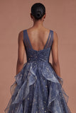 Dusty Blue Ruffled Backless Long Prom Dress