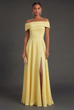 Yellow Off the Shoulder A Line Long Wedding Guest Dress with Slit