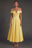 Ruched Yellow Off the Shoulder A Line Long Wedding Guest Dress